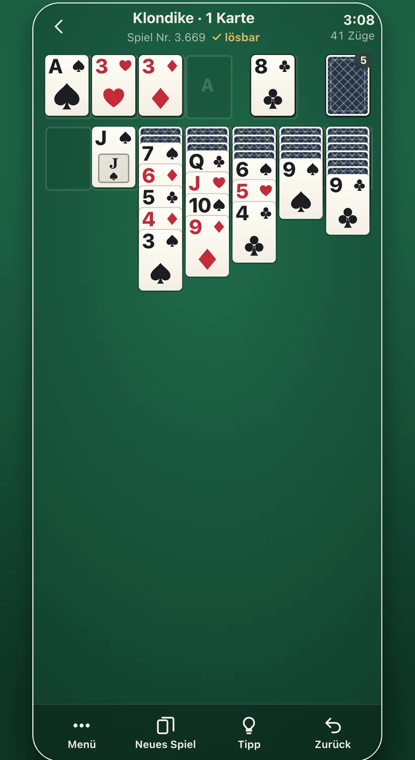 Ein Klondike-Spiel in Fair Deal Solitaire, als lösbar markiert
