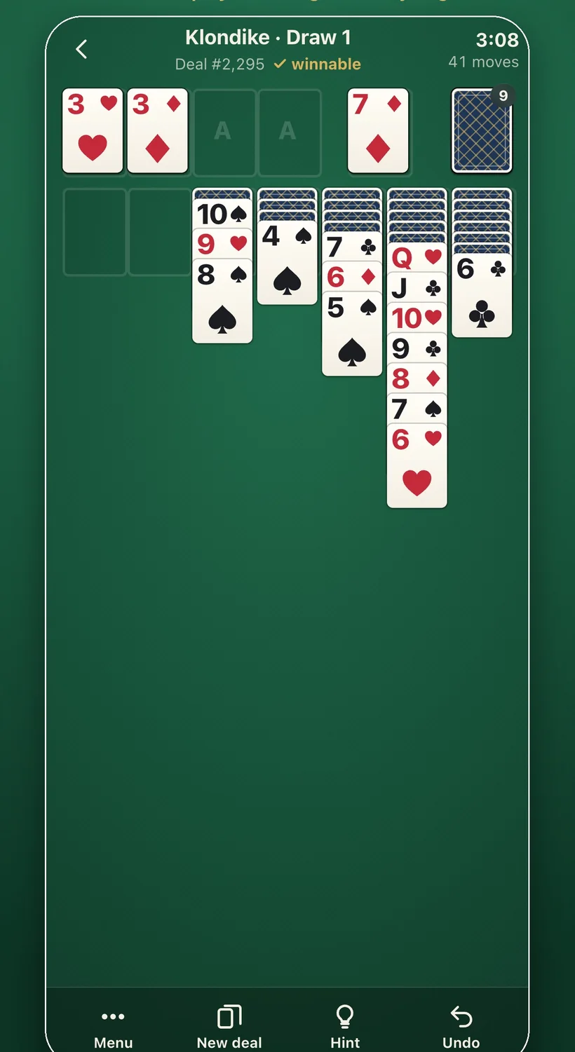 A Klondike game in Fair Deal Solitaire, marked winnable