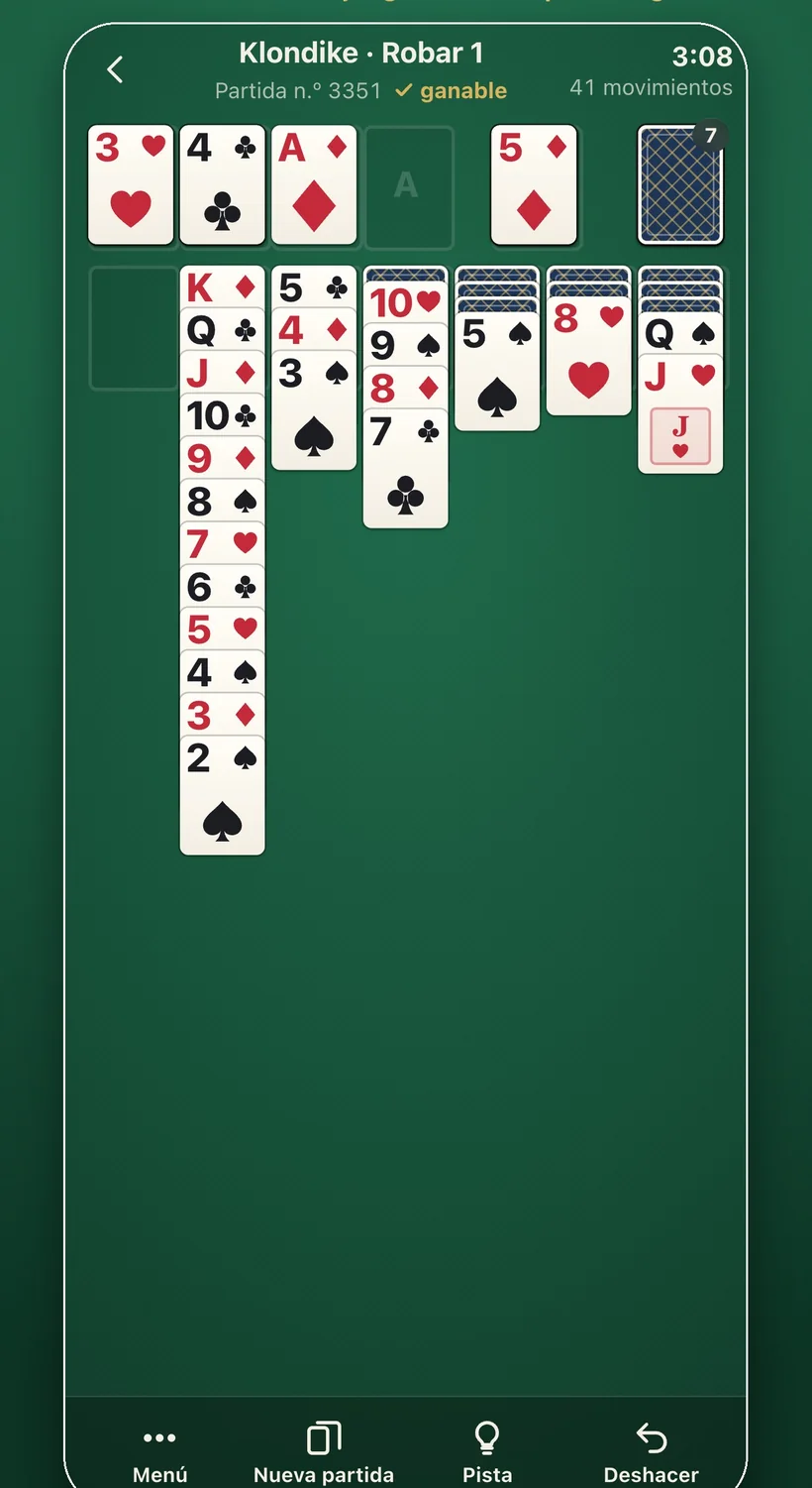 Una partida de Klondike en Fair Deal Solitaire, marcada como ganable