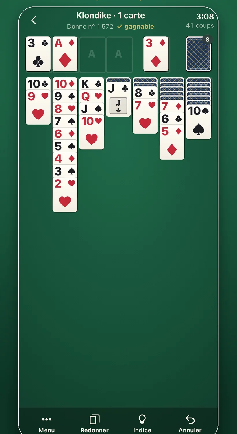 Une partie de Klondike dans Fair Deal Solitaire, marquée gagnable
