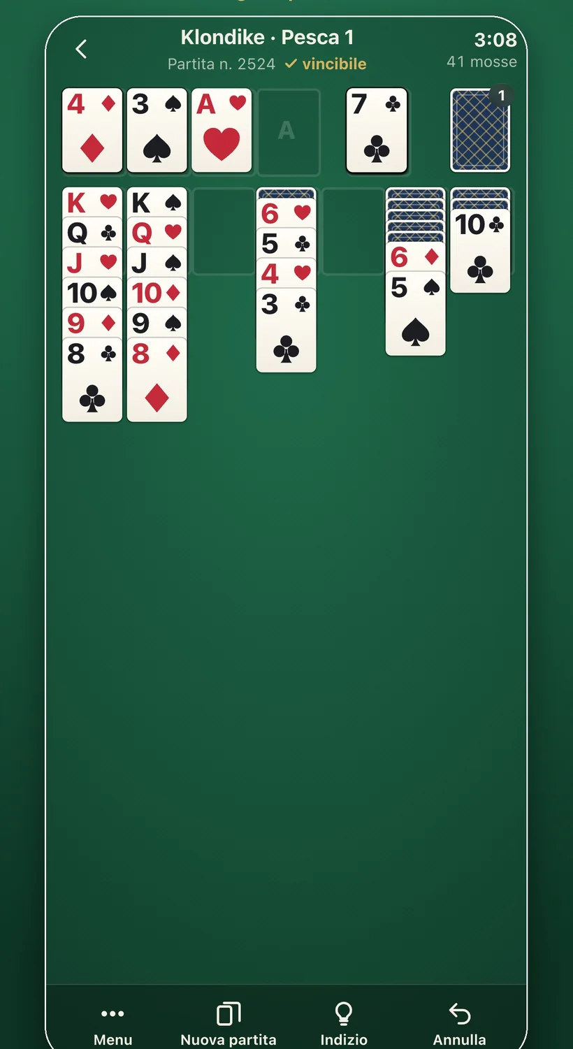 Una partita a Klondike in Fair Deal Solitaire, segnata come vincibile