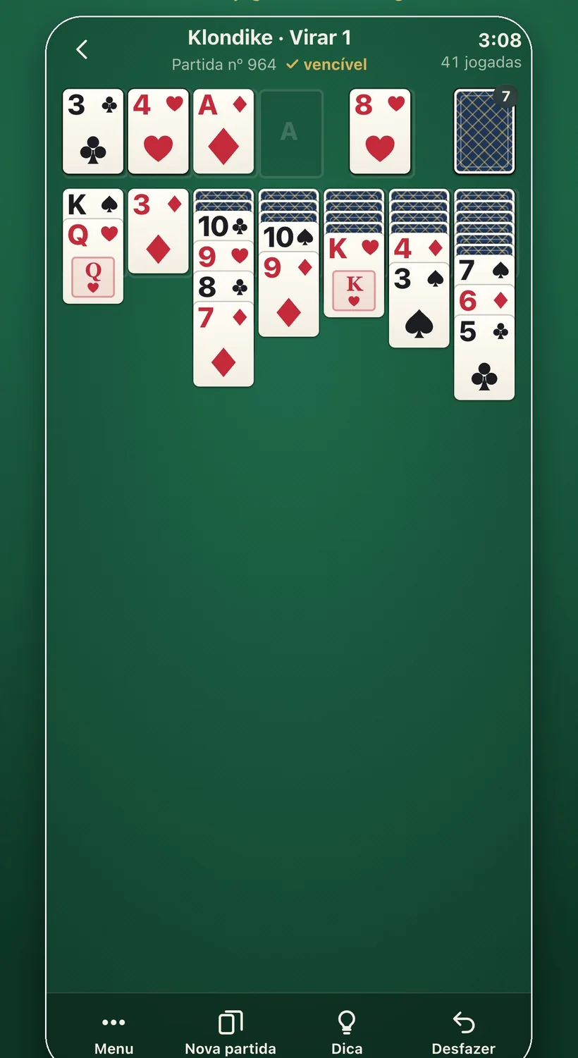 Uma partida de Klondike no Fair Deal Solitaire, marcada como vencível