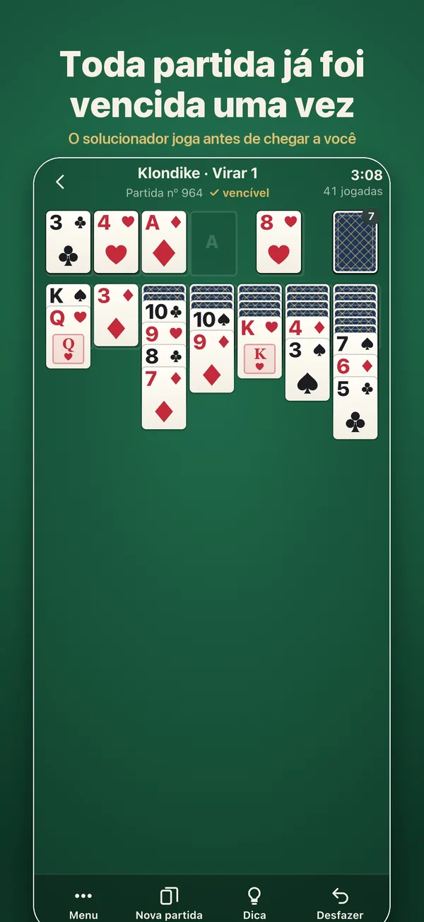Uma partida de Klondike marcada como vencível