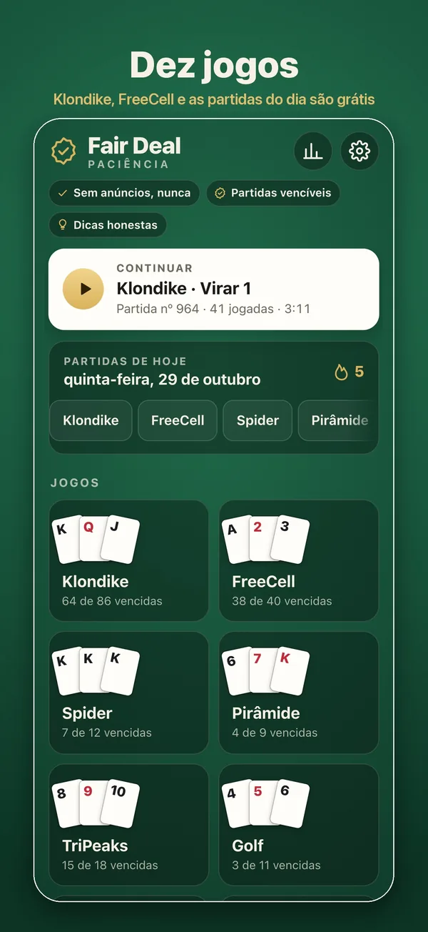 A tela inicial com os dez jogos